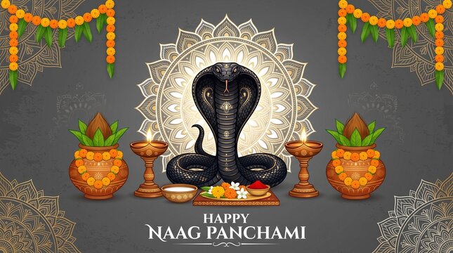 Happy Naag Panchami festival greeting banner featuring black cobra snake with sacred kalash pots, burning brass diyas, and elegant mandala pattern on a grey textured background.
