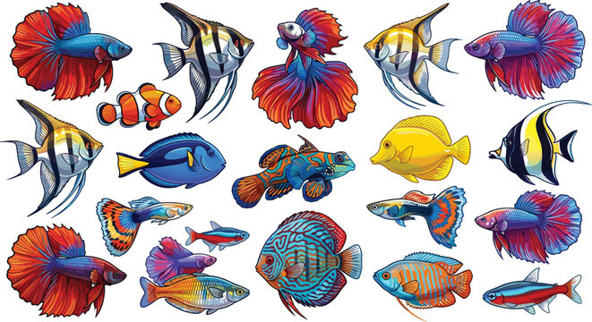Tropical Aquarium Fish Vector Set Featuring Colorful Betta Clownfish Angelfish Discus and Guppies for Exotic Aquatic Wildlife Marine Life Graphic Designs
