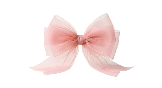 Delicate pink tulle bow semi-transparent layers sharp focus elegant fashion asset isolated on solid white background