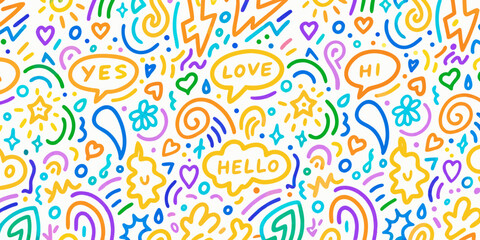 Colorful hand drawn doodle pattern featuring hearts speech bubbles and abstract shapes © Rohan