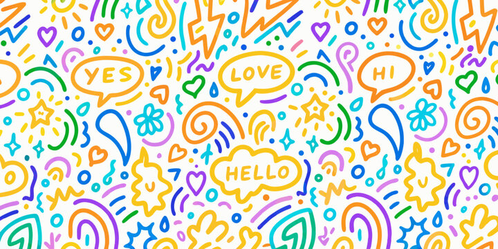 Colorful hand drawn doodle pattern featuring hearts speech bubbles and abstract shapes