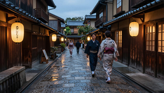 Evening Glow over Historic Kyoto Backstreet Gion Traditional Japan