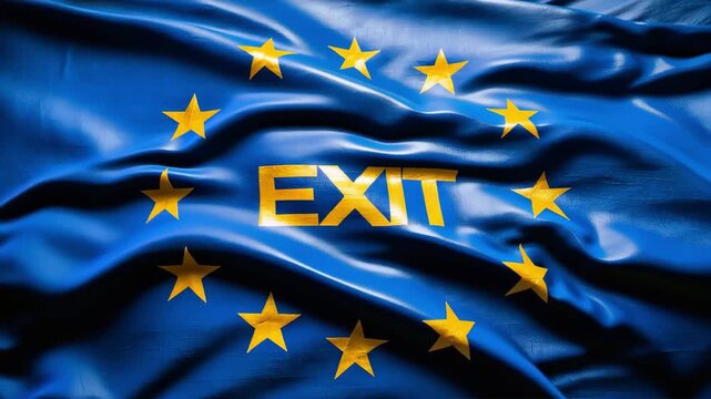 European Union flag viewed from the front with the word EXIT displayed prominently in the center, political concept image representing separation, withdrawal, debate and future of Europe