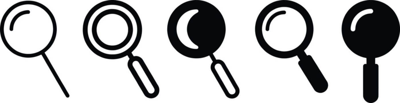 Minimalist magnifying glass icon set, black search loupe vector symbols, 5 linear and solid zoom elements for web interface and app design