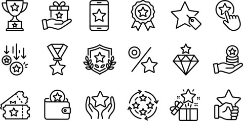 Loyalty program line icons set, customer reward and bonus points symbols, 18 vector elements for marketing and gamification apps © PNGWings