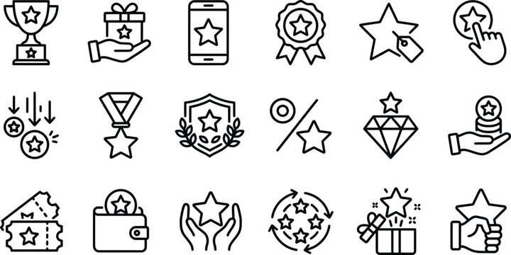 Loyalty program line icons set, customer reward and bonus points symbols, 18 vector elements for marketing and gamification apps