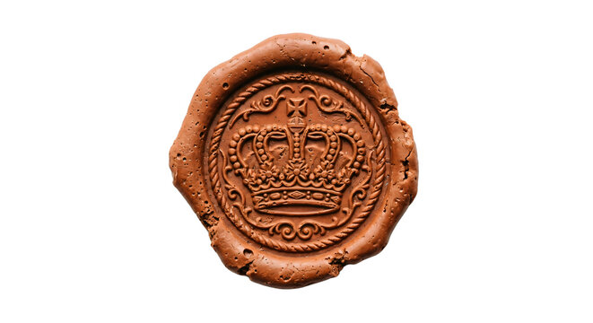 Melted terracotta wax stamp imprint vintage crown pattern tactile imperfections hyper-detailed isolated on solid white background graphic design asset