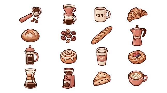 Specialty Coffee Icon Set Pastel Oil Painting Artisan Bakery Graphics