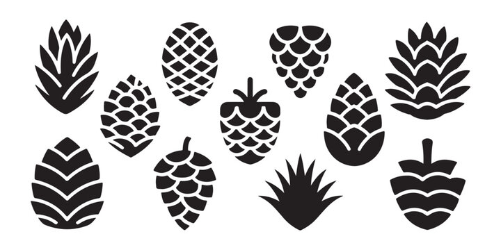 Set of black pine cones icons isolated on white background for decorative graphic design projects.