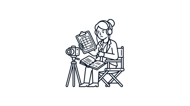 Filmmaker Directing Scene with Camera, Script, and Clipboard - Line Art