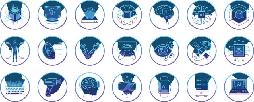 Artificial intelligence and machine learning vector icon set with deep learning tech circle illustrations