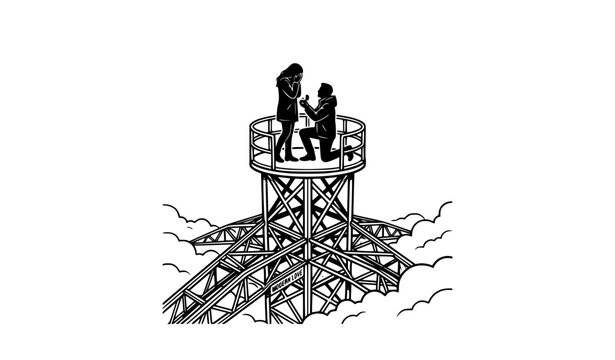 Man proposing to woman on top of a radio tower above the clouds, extreme height romantic marriage proposal vector illustration