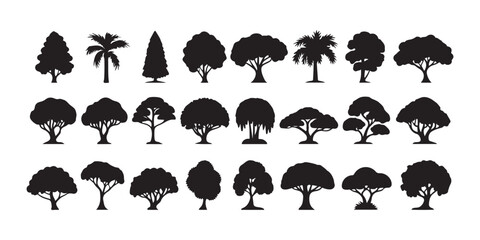 Set of black tree silhouettes, different shapes and sizes, isolated on transparent background. © Mukti