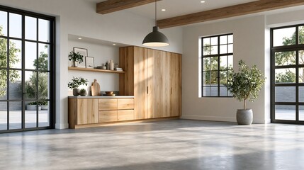 Fototapeta premium Scandinavian inspired home garage interior with light oak cabinets, white walls, epoxy flooring, hidden storage, bright natural lighting, empty space, ultra realistic interior photography