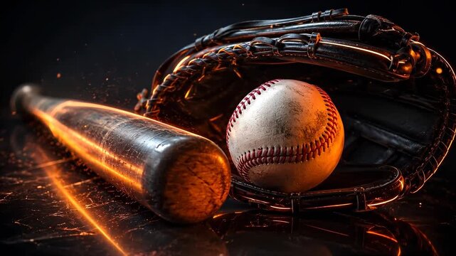 Baseball bat, ball and glove with orange neon light