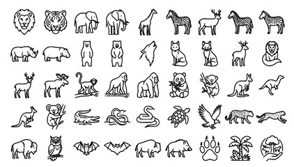Wild Animals and Safari Zoo Wildlife Outline Icon Set. Vector Line Icons of Mammals, Predators, Reptiles, and Birds for Nature Conservation, Education, and Kid's Biology © SYEDAALISHA
