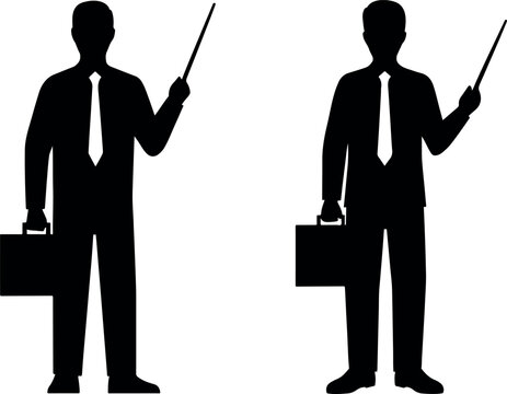 Business presentation silhouette two identical executives with briefcases and pointing sticks isolated on white
