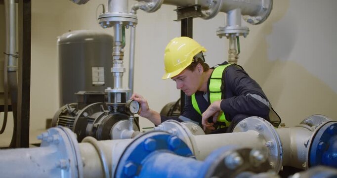 An engineer performs a diagnostic check on an industrial pump system, carefully monitoring the pressure gauge to ensure operational safety and efficiency.