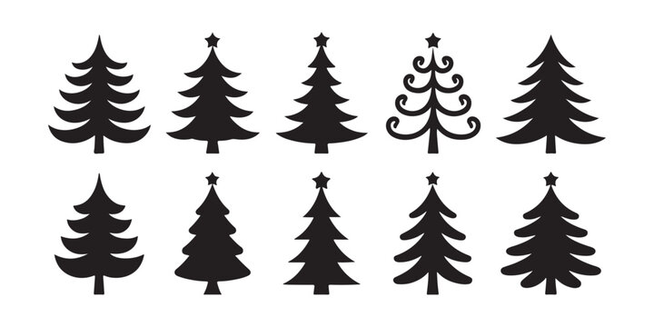 Collection of various black christmas tree silhouettes isolated on transparent background vector.