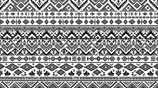 Abstract native American southwest tribal geometric seamless pattern vector background with black Aztec horizontal stripes diamonds and traditional ethnic chevron textures