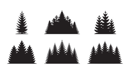 Set of black coniferous forest groups and tree silhouettes isolated on transparent background art. © Mukti