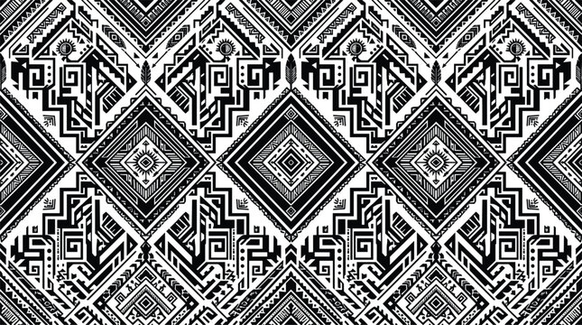 Abstract Aztec tribal geometric seamless pattern vector background with black monochrome diamonds chevron lines and native motifs for bohemian textile wallpaper design