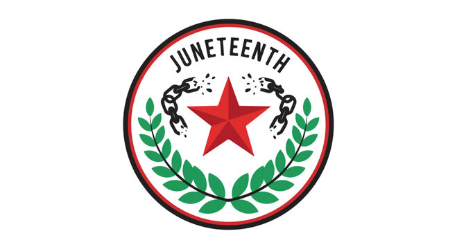 Juneteenth celebration emblem featuring red star and laurel wreath circle.