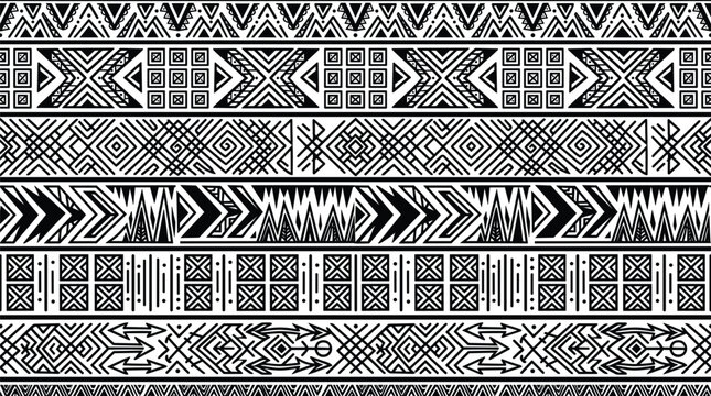 Abstract African tribal geometric seamless pattern vector background with black Aztec horizontal stripes and ethnic line art ornaments for bohemian textile wallpaper design