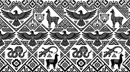 Abstract Aztec tribal geometric seamless pattern vector background with black Andean animals eagle jaguar llama snake lizard and inca ornaments for Peruvian textile design © mst