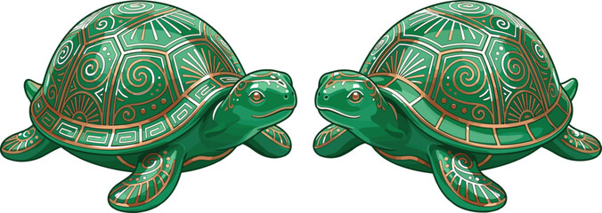 Two Ornate Jade Green Ceramic Turtle Statues with Intricate Gold Linear Swirl Patterns and Carved Shell Details Vector Illustration Isolated on White © MdBelal