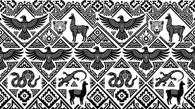 Abstract Aztec tribal geometric seamless pattern vector background with black Andean animals eagle jaguar llama snake lizard and inca ornaments for Peruvian textile design