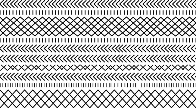 Abstract ethnic geometric seamless pattern vector background with black linear chevron stripes grid diamonds and tribal borders for bohemian textile wrapping design