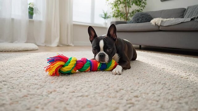 Boston Terrier lying on living room carpet playing colorful rope toy, soft natural window light, steady fixed camera, neat simple home interior, warm daily domestic pet commercial stock footage