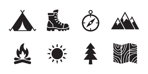 Set of camping icons featuring tent hiking boots compass mountain range campfire sun tree and map. © Mukti