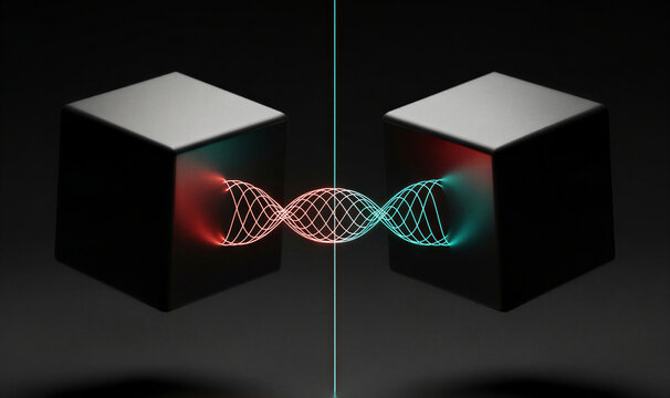Minimalist visualization of quantum coupling showing red and cyan interference waves between two black cubes.