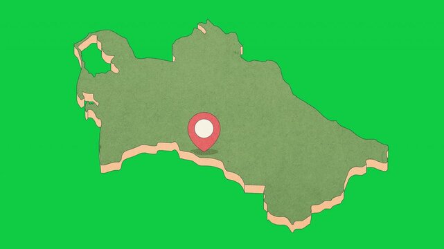 Animated Green Turkmenistan Map with Bouncing Location Marker on Ashgabat City, Transparent Background, Alpha Channel, 4K resolution