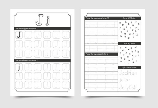 Educational alphabet letter j practice worksheet for children with tracing lines and activities alphabet worksheet education preschool