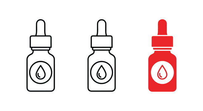 Set of illustrated dropper bottles icons in black and white with a red highlighted bottle.