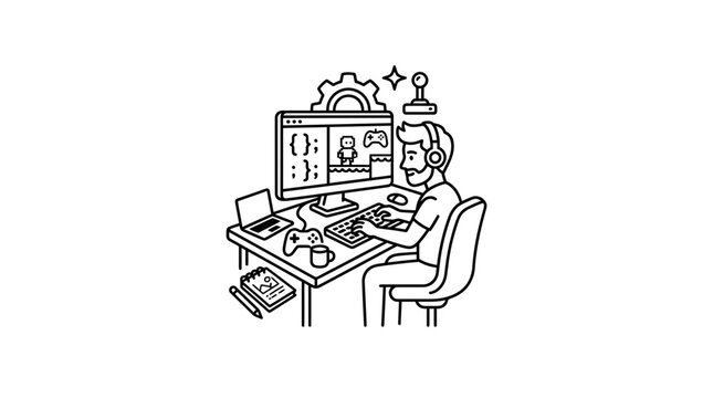 Game Developer Coding and Testing Video Game on Computer - Vector Illustration