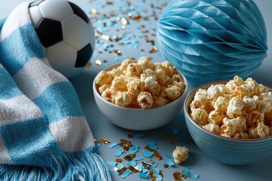 Sky blue and white football fan scarf with popcorn bowls and confetti on blue background