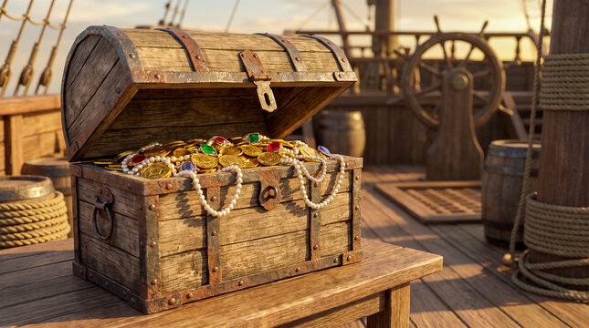 Mockup de un cofre del tesoro de madera envejecida con herrajes met&aacute;licos abiertos mostrando monedas de oro, perlas y joyas. Fondo con cubierta de barco pirata desenfocada e iluminaci&oacute;n c&aacute;lida.