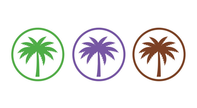 Triptych palm trees in circular frames featuring green, purple, and brown color accents.