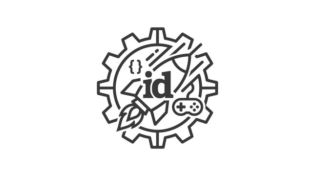 Gear with game controller, code brackets, and rocket, representing game development and technology