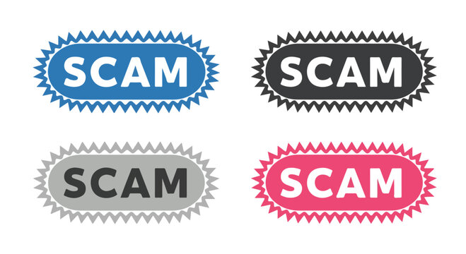 Assorted scam badge emblems in various colors for warning graphics.