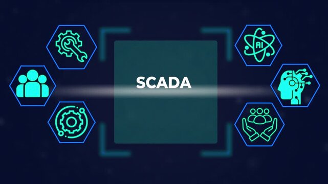 Scada system infographic animation with industrial automation, artificial intelligence, and digital connectivity