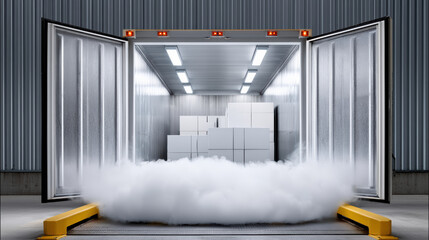 Obraz premium Refrigerated trailer cold storage shipping container logistics transportation ice fog warehouse metal industrial boxes. refrigerated trailer with
