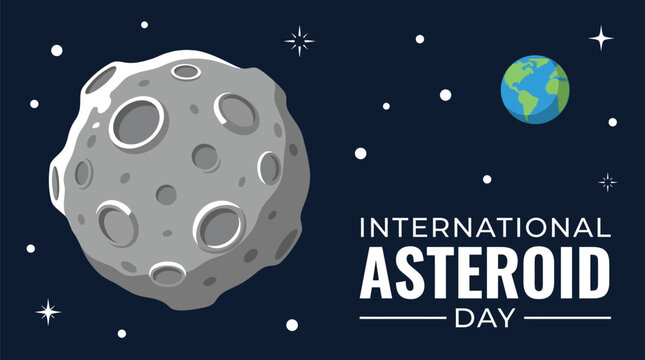 A large grey asteroid with multiple deep craters on its textured surface depicted in a clean flat vector illustration style for the celebration of the annual international asteroid awareness day.
