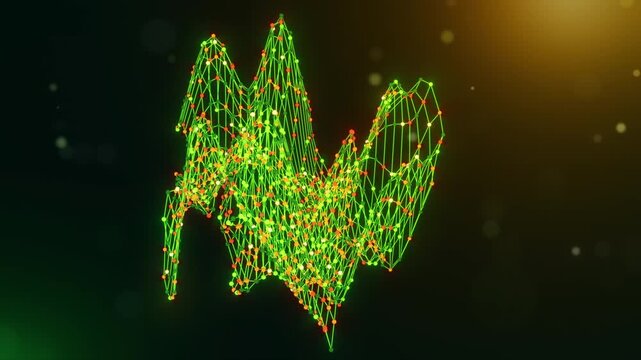 Animated Ecuador map reveal created from neural network nodes and flowing data connections with connected intelligence text on a glowing green yellow orange technology background.