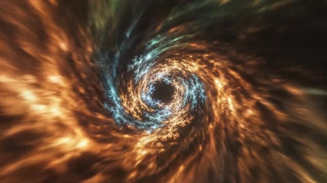A swirling galaxy with vibrant orange and blue lights spirals into a black hole.