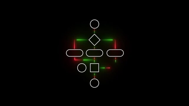 Block diagram concept, analysis scheme, logical, algorithm, flow chart drawing animation on black background.